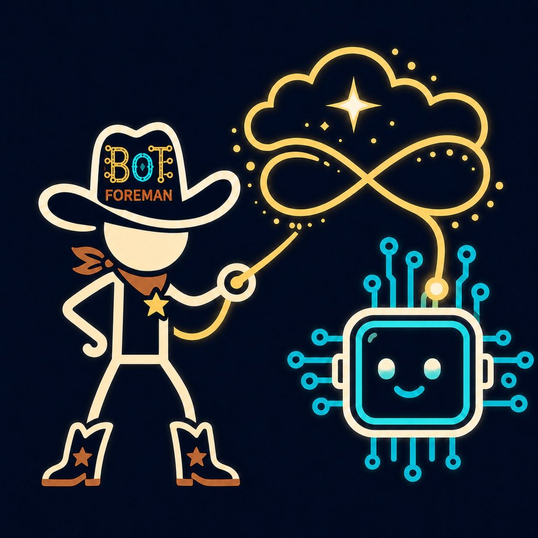 A cowboy roping a friendly chip-shaped robot out of the cloud