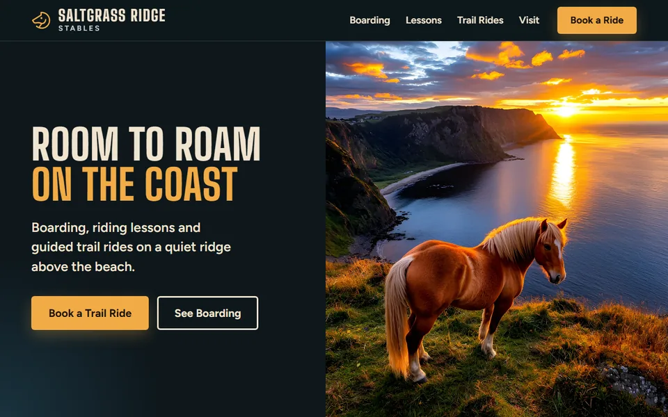 Home page of the Saltgrass Ridge Stables sample website