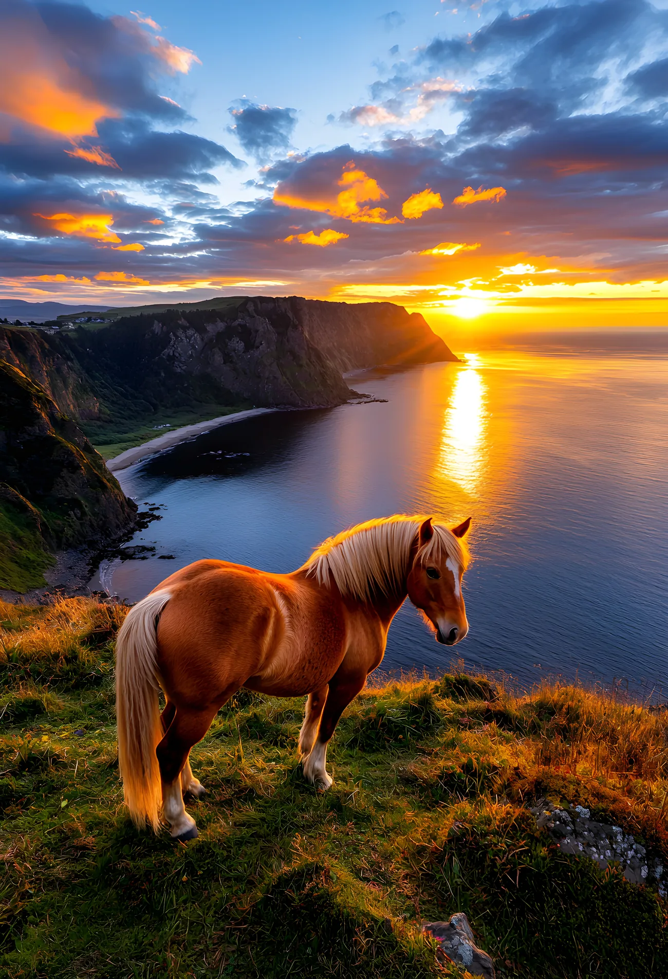 A chestnut horse grazing on the grassy ridge above the bay at sunset